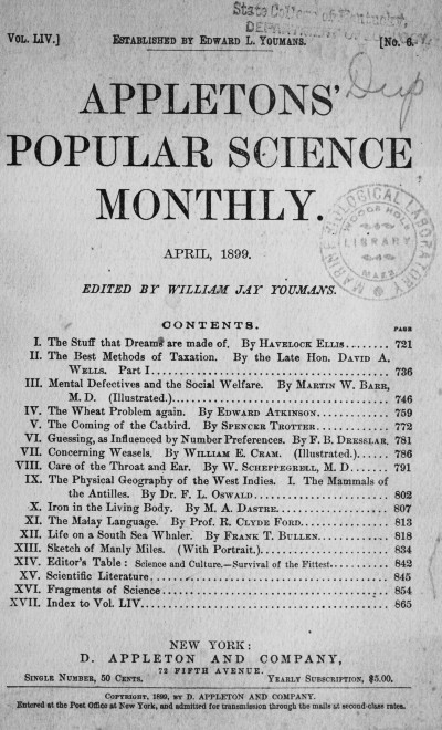 Appletons' Popular Science Monthly, April 1899 Volume LIV, No. 6, April 1899 Appletons' Popular Science Monthly, April 1899 Volume LIV, No. 6, April 1899