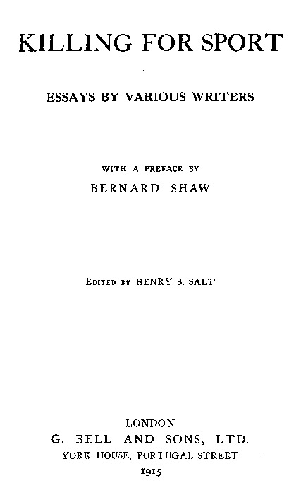 Killing for Sport: Essays by Various Writers