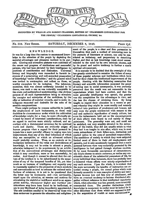 Chambers's Edinburgh Journal, No. 309
New Series, Saturday, December 8, 1849