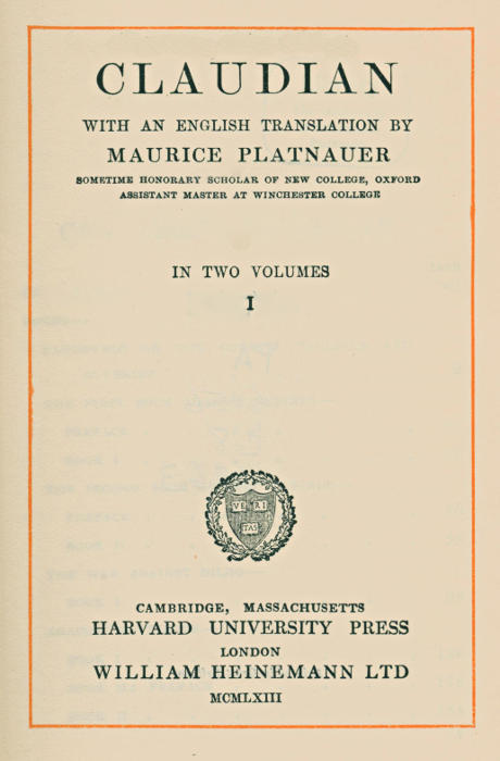 Claudian, volume 1 (of 2) With an English translation by Maurice Platnauer Claudian, volume 1 (of 2) With an English translation by Maurice Platnauer