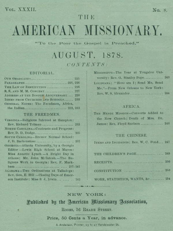 The American Missionary — Volume 32, No. 08, August, 1878 The American Missionary — Volume 32, No. 08, August, 1878