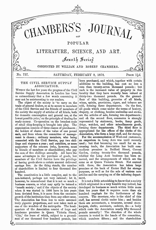 Chambers's Journal of Popular Literature, Science, and Art, No. 737, February 9, 1878 Chambers's Journal of Popular Literature, Science, and Art, No. 737, February 9, 1878