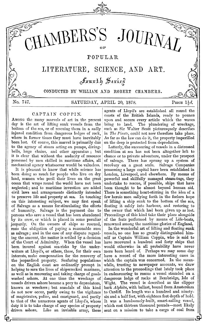 Chambers's Journal of Popular Literature, Science, and Art, No. 747, April 20, 1878 Chambers's Journal of Popular Literature, Science, and Art, No. 747, April 20, 1878