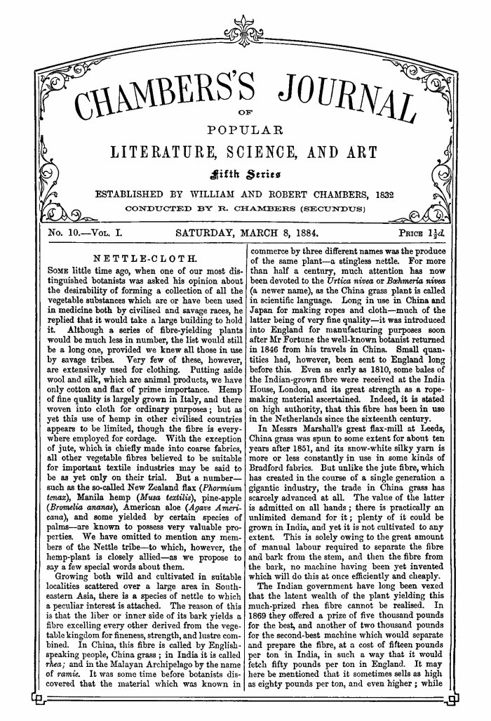 Chambers's Journal of Popular Literature, Science, and Art, Fifth Series, No. 10, Vol. I, March 8, 1884 Chambers's Journal of Popular Literature, Science, and Art, Fifth Series, No. 10, Vol. I, March 8, 1884