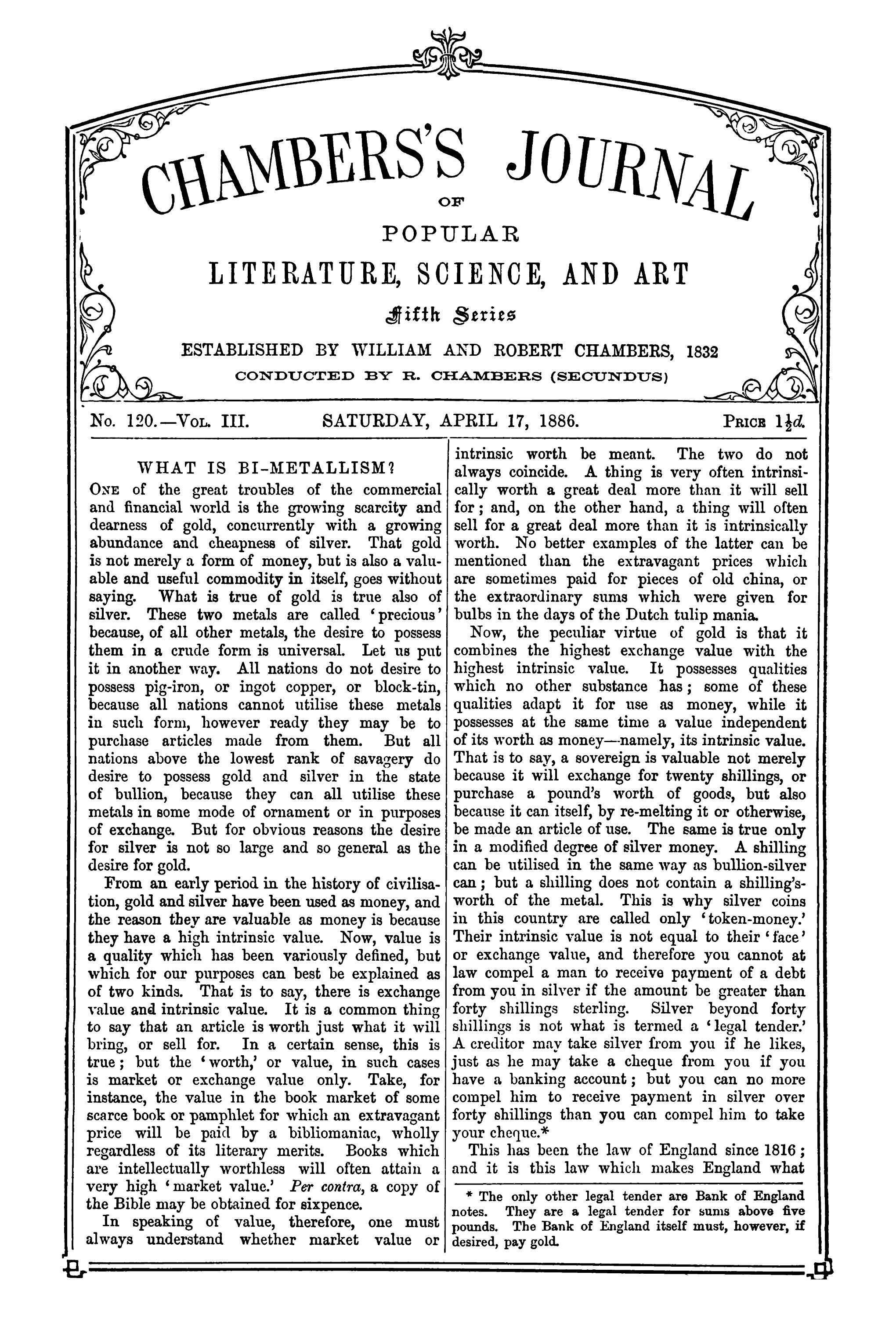 Chambers's Journal of Popular Literature, Science, and Art, fifth series, no. 120, vol. III, April 17, 1886